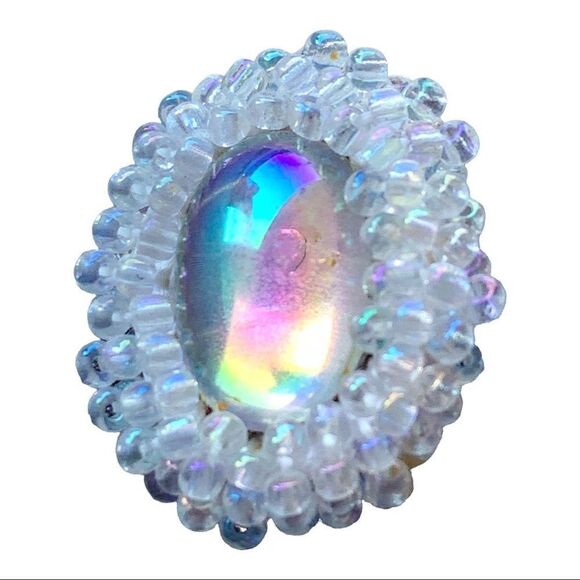 White iridescent hand beaded pierced earrings fabulous colors and artist design - Picture 10 of 15